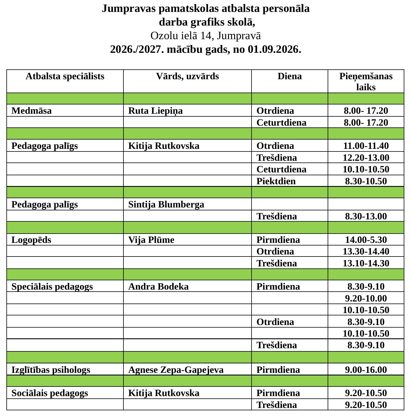 ATBALSTA PERSONALA DARBA grafiks